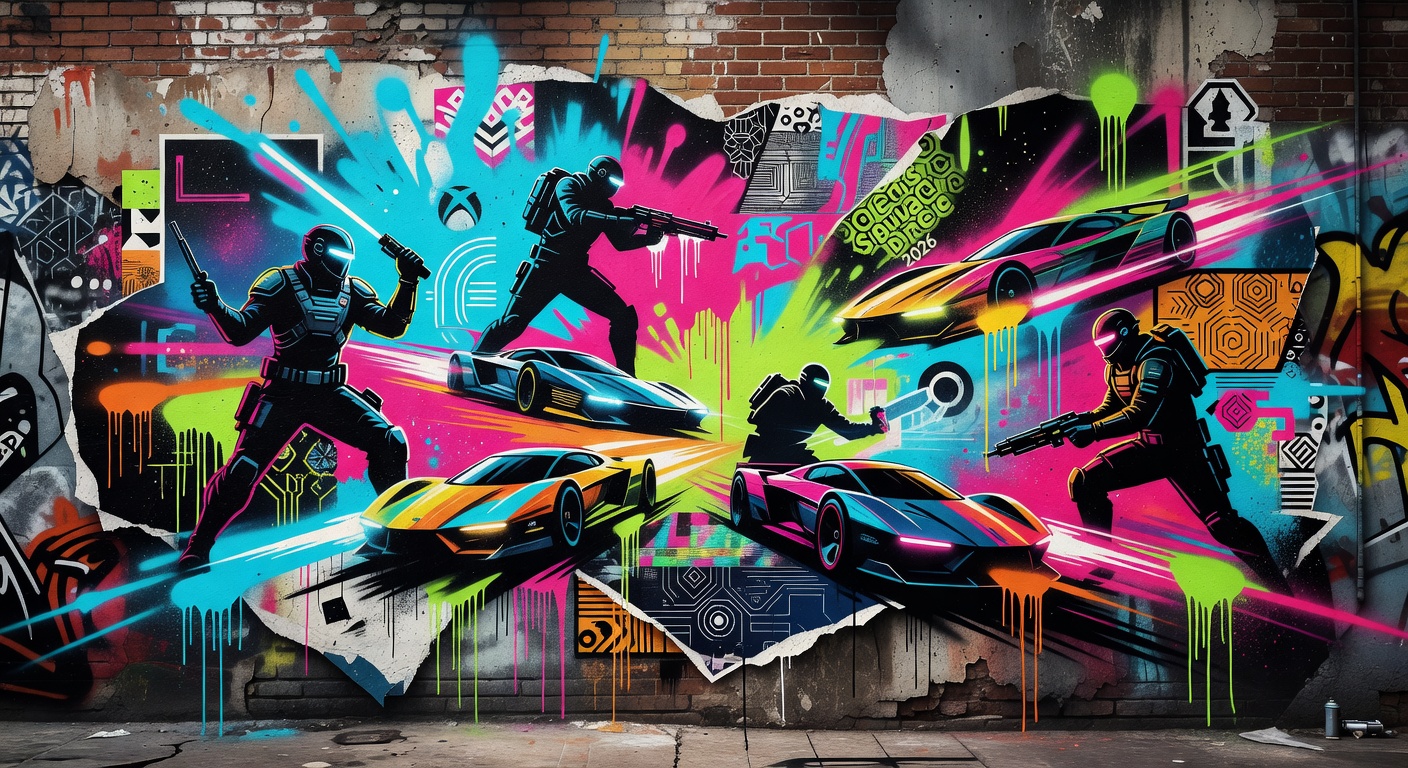 Abstrakte Gaming-Collage zum Xbox Games Showcase 2026 ohne Logos