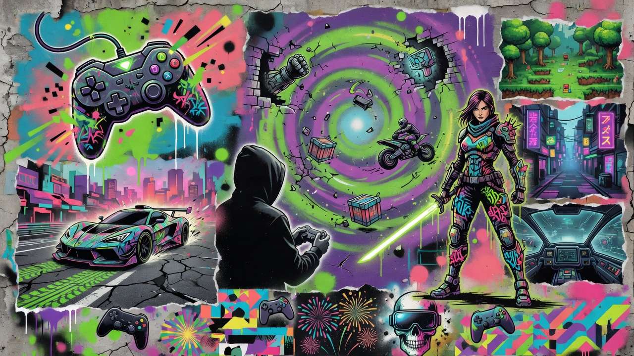 Generische Gaming-Collage mit Messehalle, Demo-Stationen, Bühnenlicht und Controllern ohne Logos oder bekannte Figuren