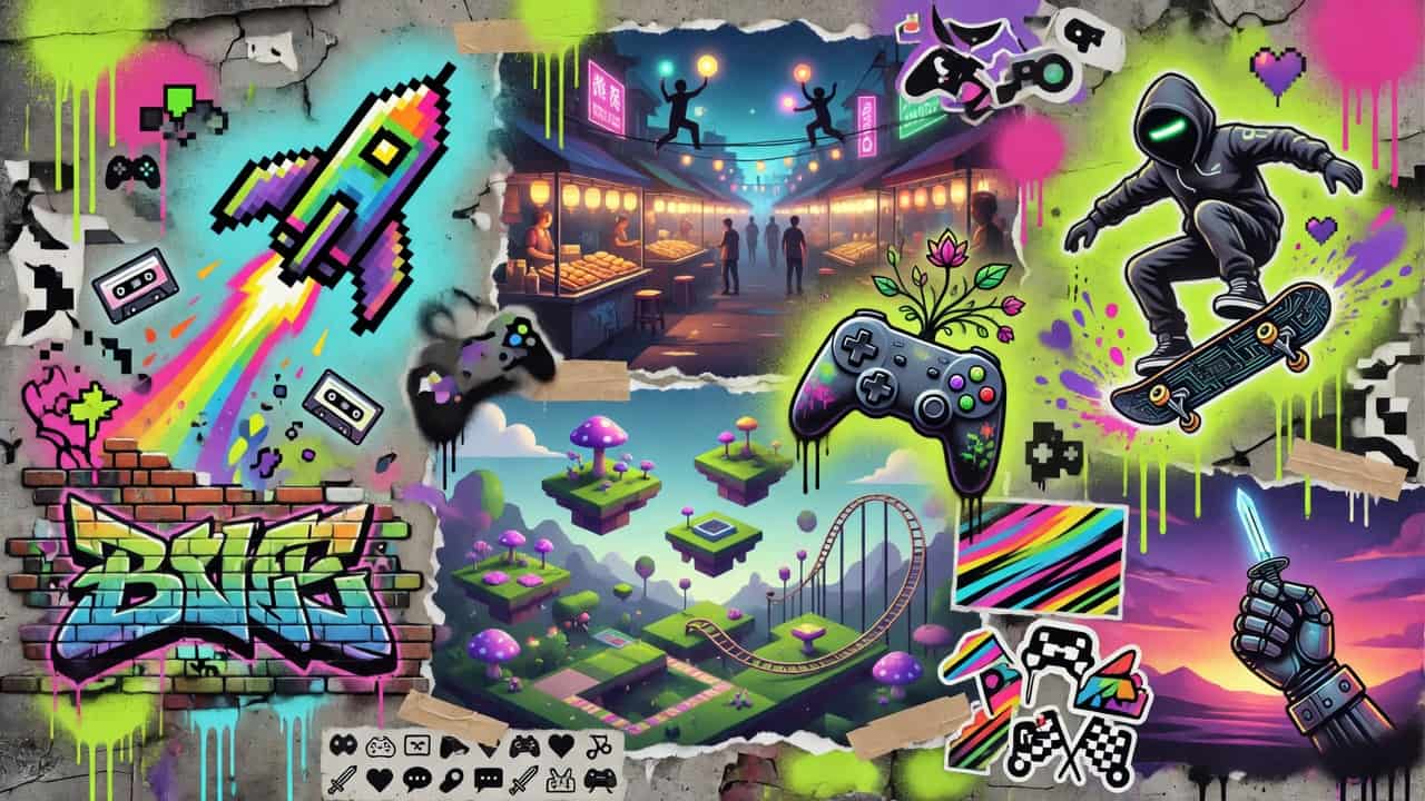 Abstrakte Gaming-Collage mit Indie-Abenteuer, Basketball-Court, mittelalterlichem Dorf und nächtlichem Café ohne Logos
