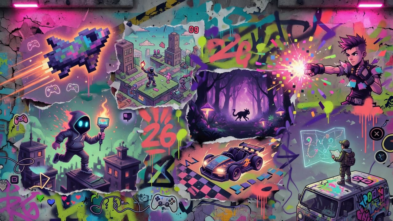 Bunte Gaming-Collage mit Comic-Heldenzentrale, magischem Truck, düsterem Shooter und Strategieschlacht ohne Logos