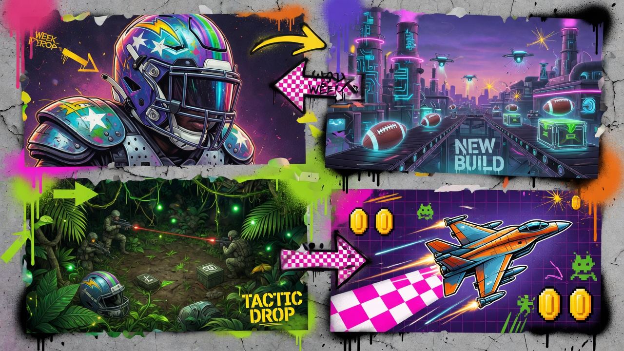 Abstrakte Gaming-Collage mit Football-Helm, Fabriklandschaft und Dschungelkrieg-Motiven in dynamischer Sci-Fi-Optik ohne Logos