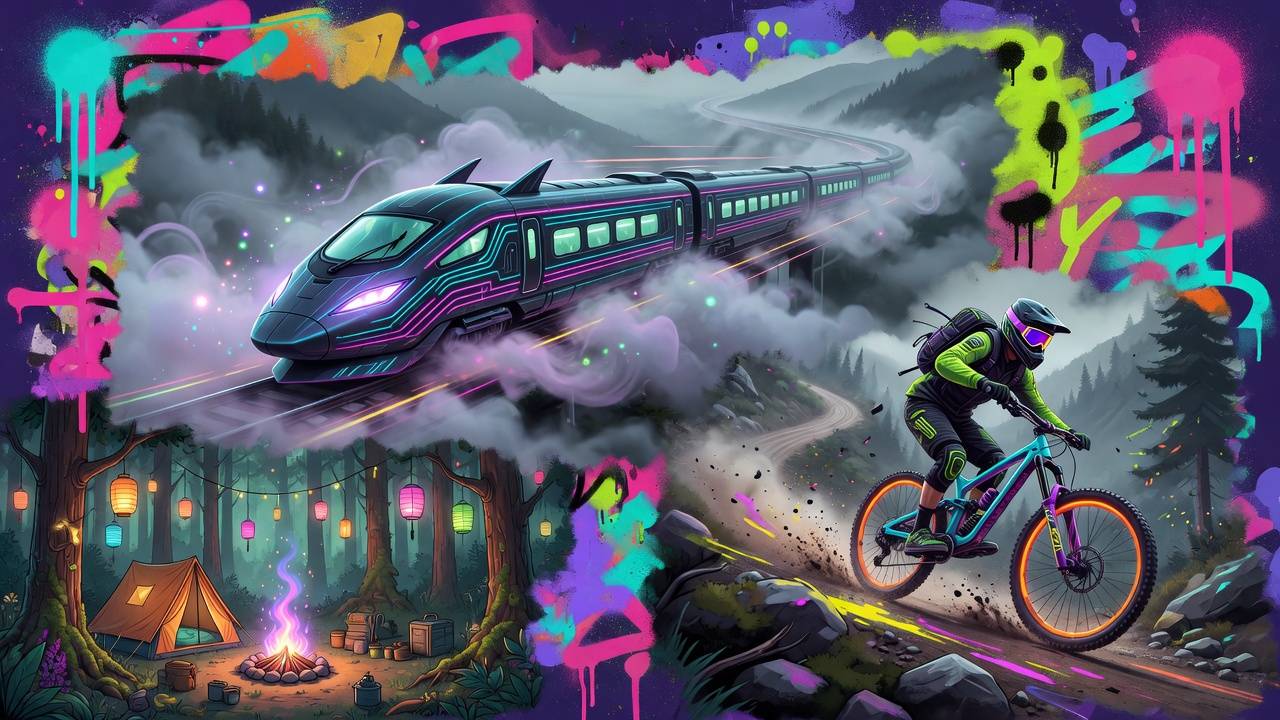 Abstrakte Gaming-Collage mit futuristischem Zug, Mountainbike-Abfahrt und gemütlichem Waldcamp ohne Logos