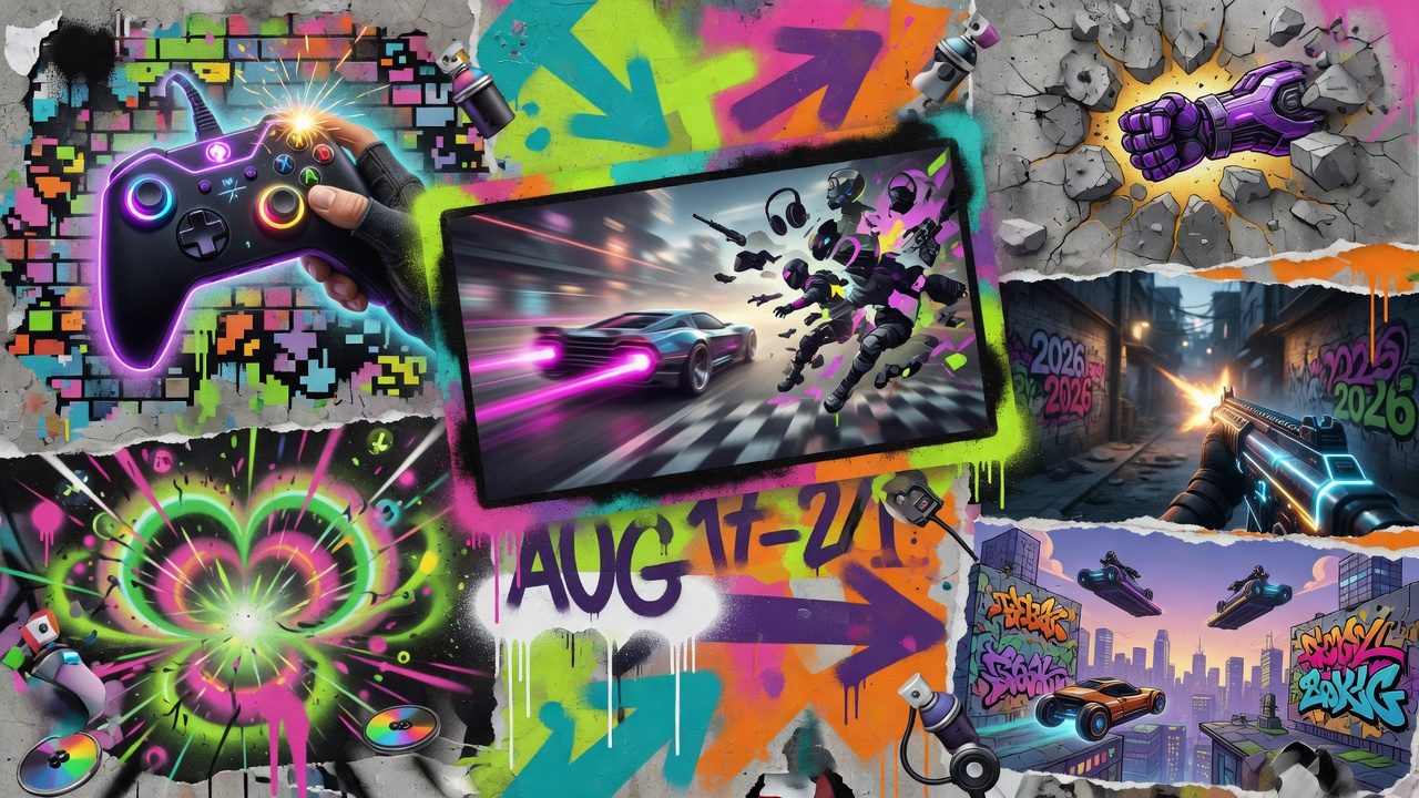 Abstrakte Gaming-Collage mit düsterer Zone, Sportplatz und Horrorstadt ohne Logos oder Figuren