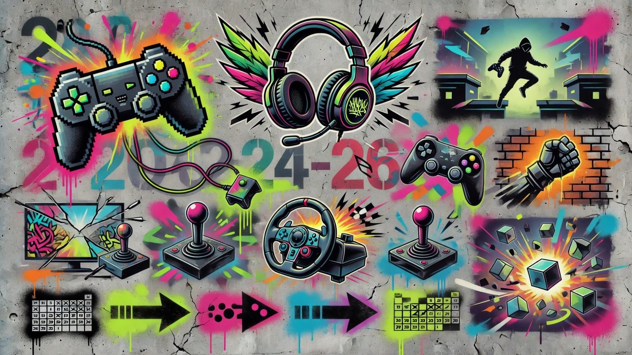 Bunte Gaming-Collage mit futuristischer Arena, Terraforming-Landschaft und düsterem Retro-Horror ohne Logos