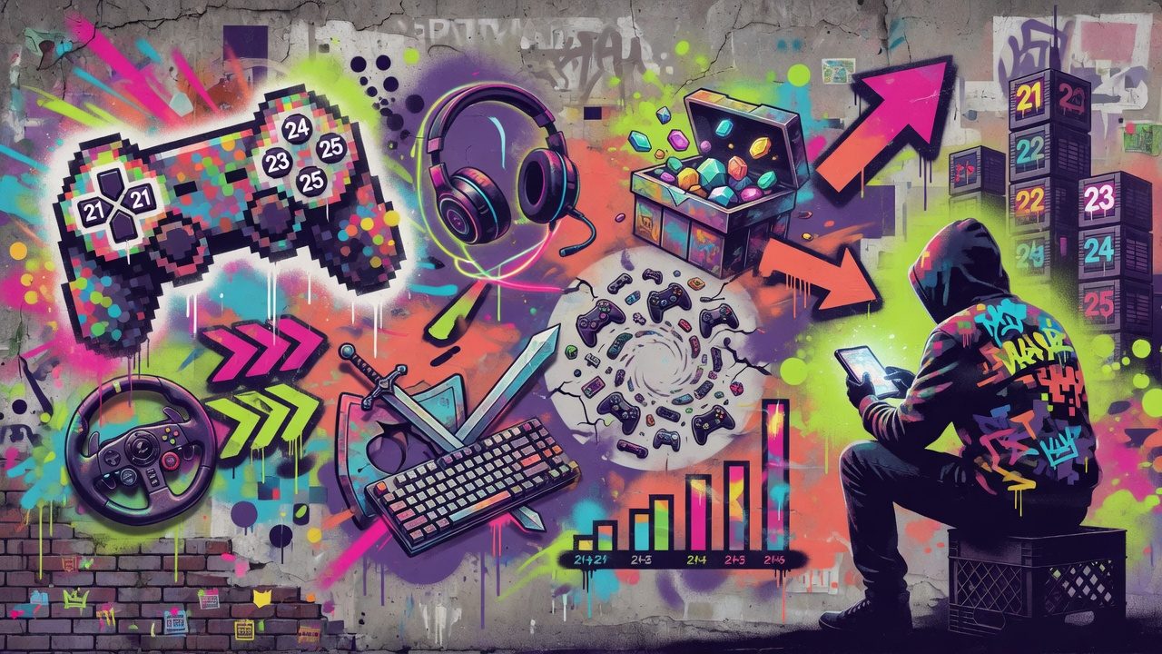Bunte Street-Art-Gaming-Collage mit Controller, Wüstenplanet, surrealer Stadt, Fußballfeld und Indie-Symbolen ohne Logos