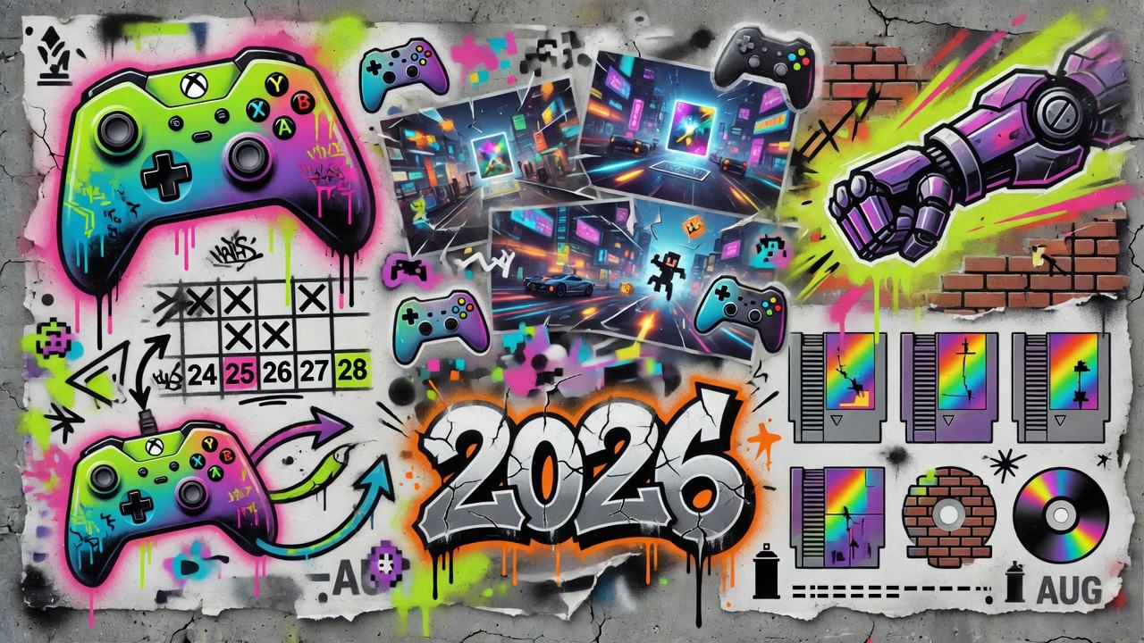 Abstrakte Gaming-Collage mit Sci-Fi-Trupp, düsteren Ruinen und stilisierten Action-Szenen ohne Logos oder bekannte Figuren