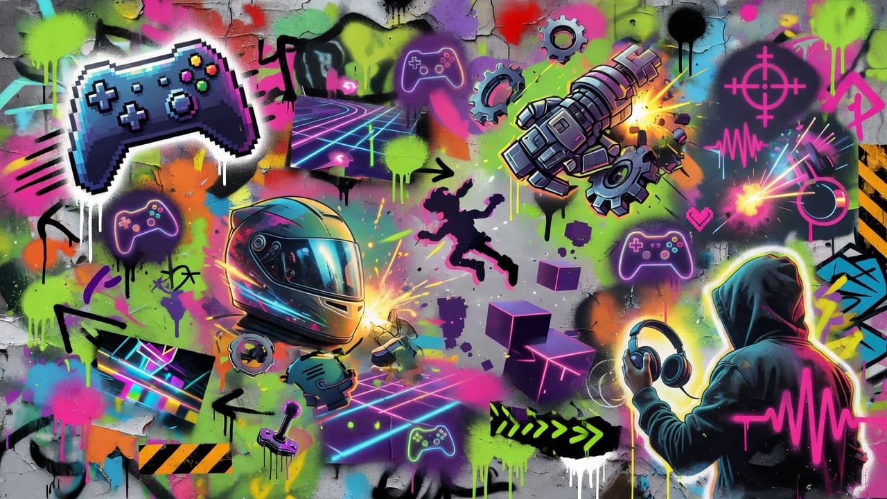 Abstrakte Gaming-Collage mit futuristischem Hund, leuchtendem Farmdorf und Xbox-inspirierter Sci-Fi-Stimmung ohne Logos