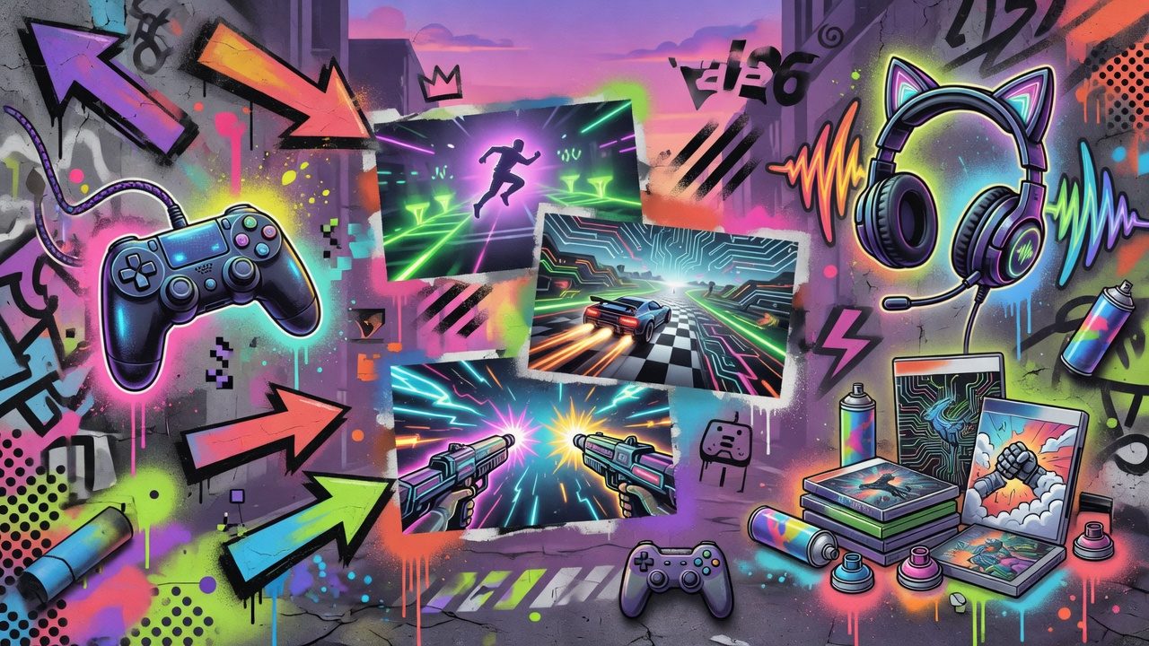 Bunte Gaming-Collage mit Samurai-Silhouette, Weltraumkolonie und Neon-Arcade ohne Logos oder bekannte Figuren