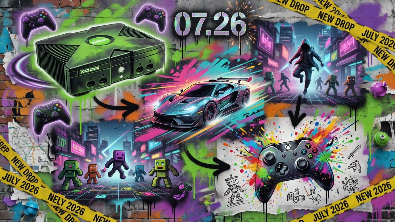 Dynamische Gaming-Collage mit Piratenschiff, Fantasy-Landschaft und futuristischen Lichtern ohne Logos oder Markenfiguren