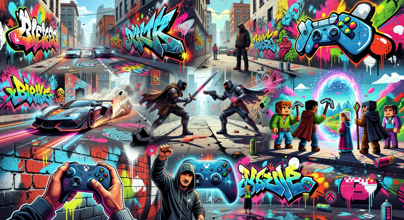 Abstrakte Gaming-Collage zu einem Xbox-Showcase mit Bühne und Lichteffekten