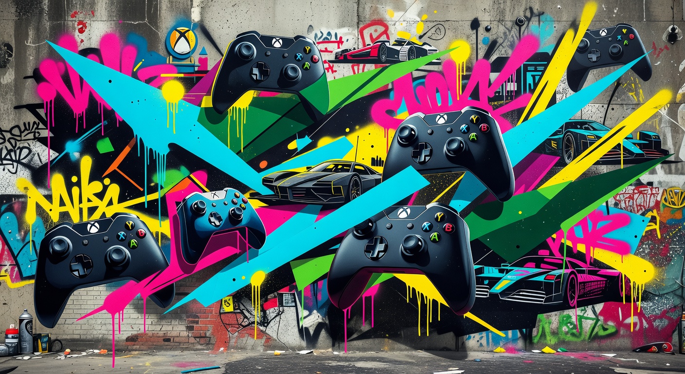 Abstrakte Gaming-Geräte in einer bunten Street-Art-Collage ohne Logos