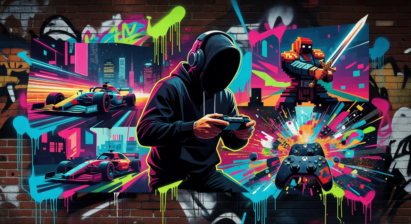 Abstrakte Gaming-Hardware in einer farbigen Street-Art-Collage ohne Logos