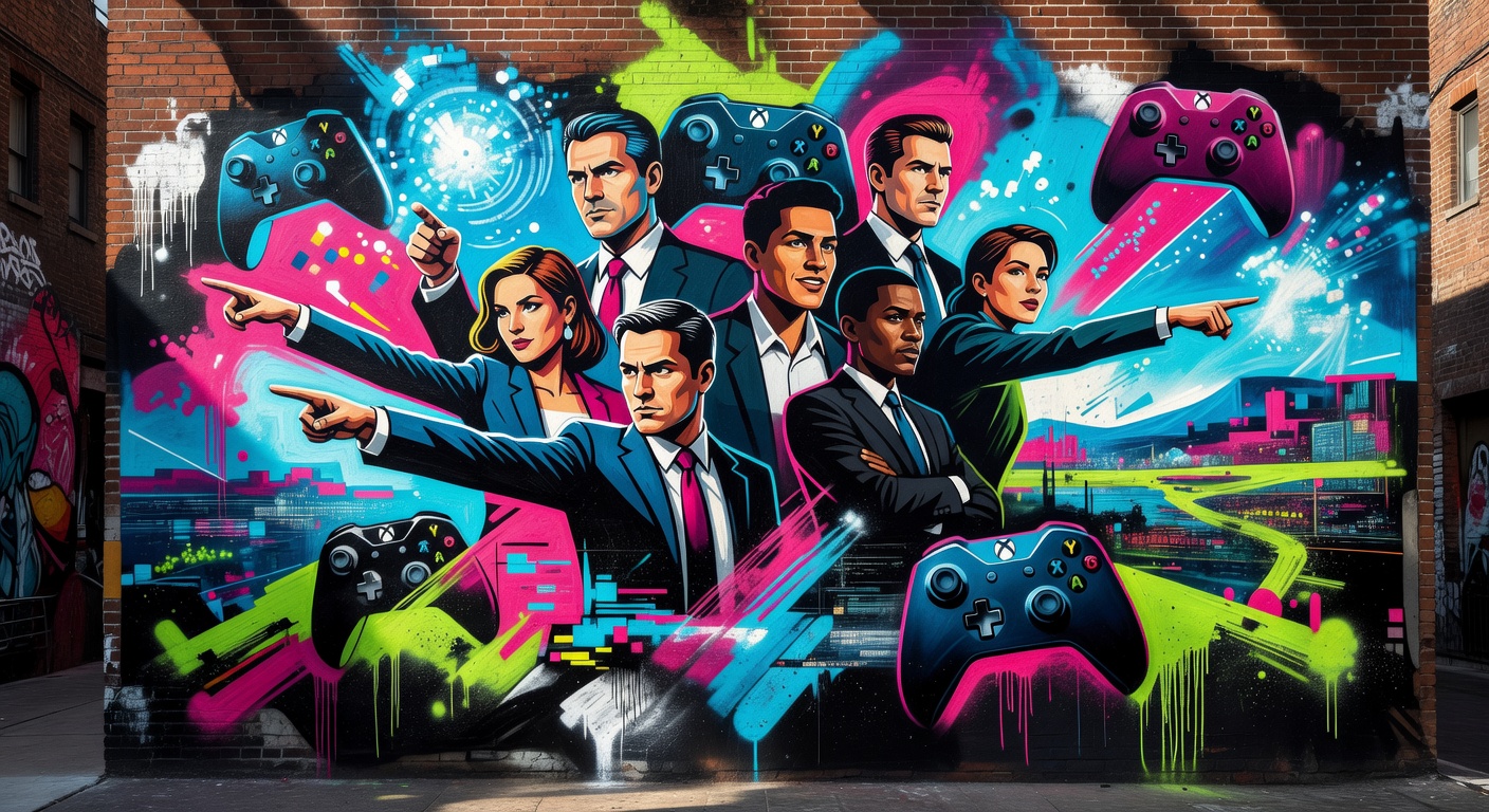 Abstrakte Gaming-Management-Szene mit Controller, Diagrammen und Neon-Licht