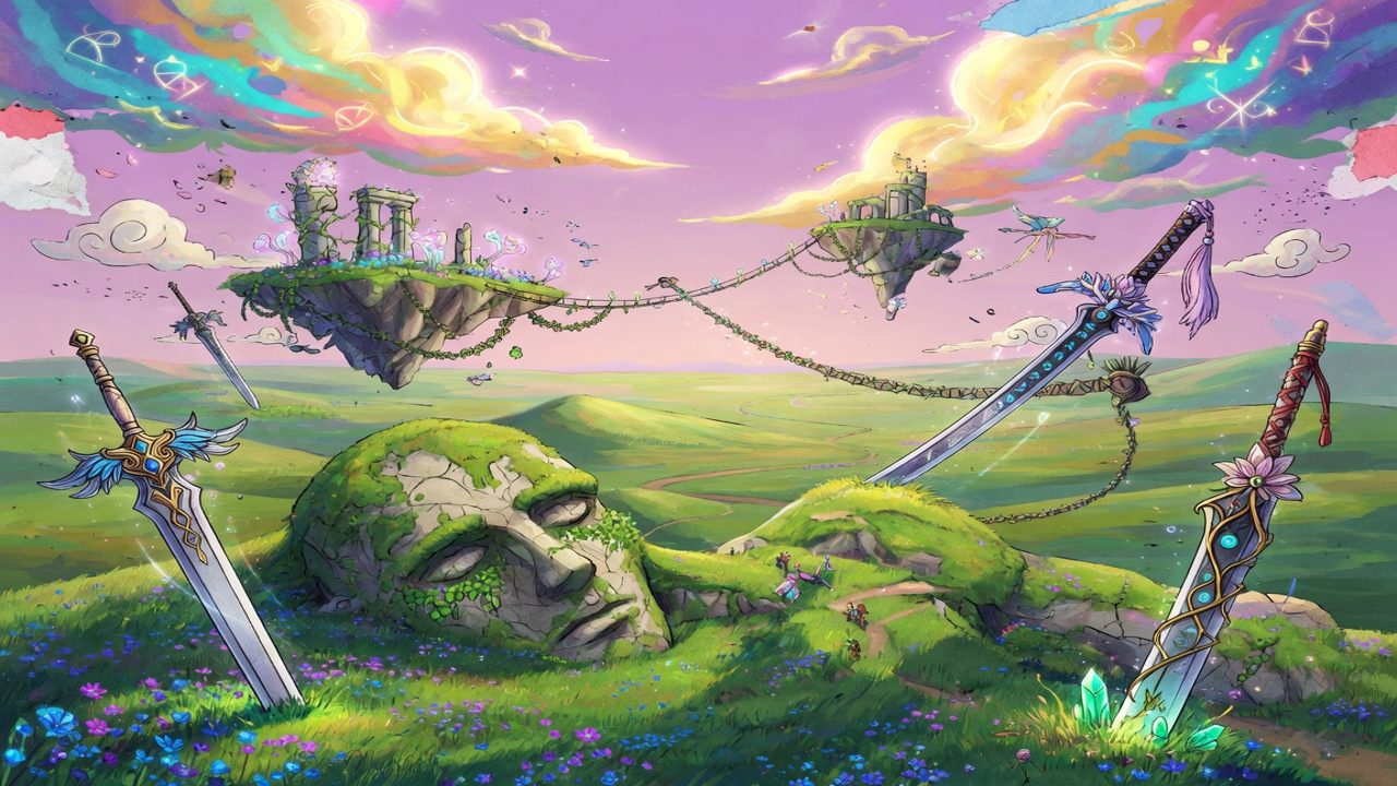 Farbenreiche JRPG-Landschaft mit schwebenden Inseln, leuchtendem Himmel und futuristischer Abenteuerstimmung ohne Logos oder bekannte Figuren