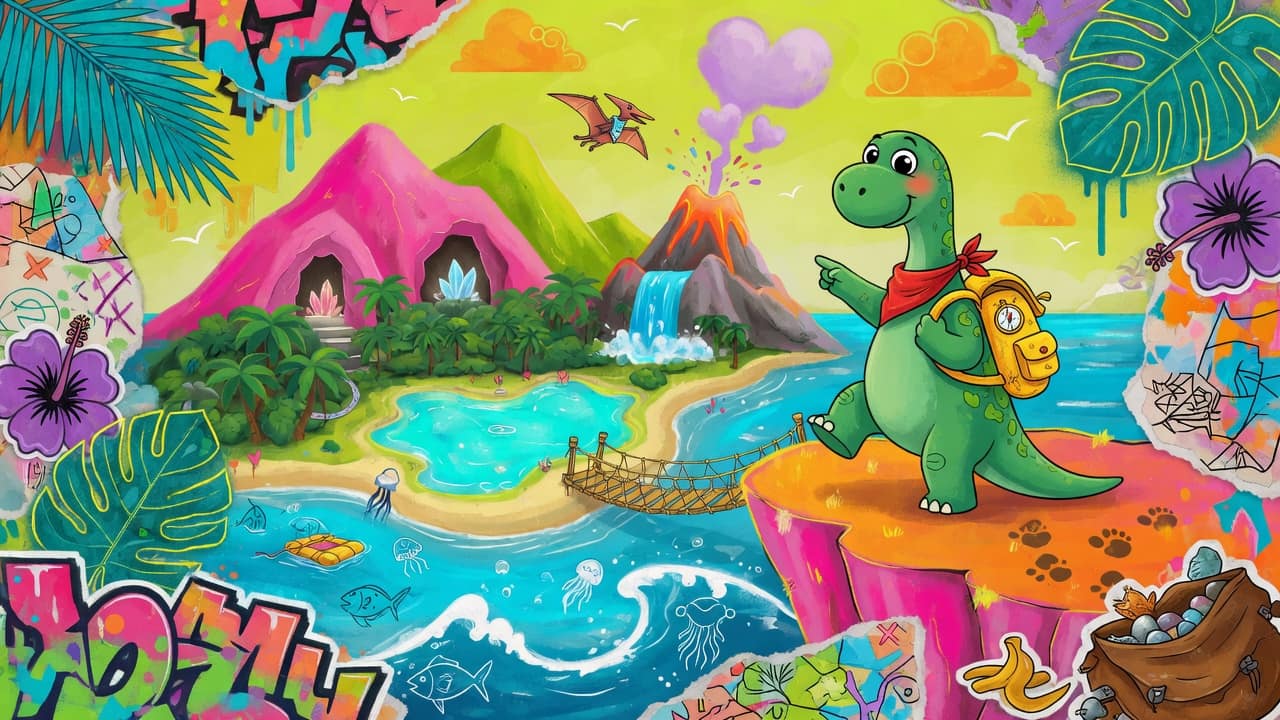 Farbenfrohe Jump-and-Run-Collage mit grünem Dino, aufgeschlagenem Buch und verspielter Inselkulisse ohne Logos