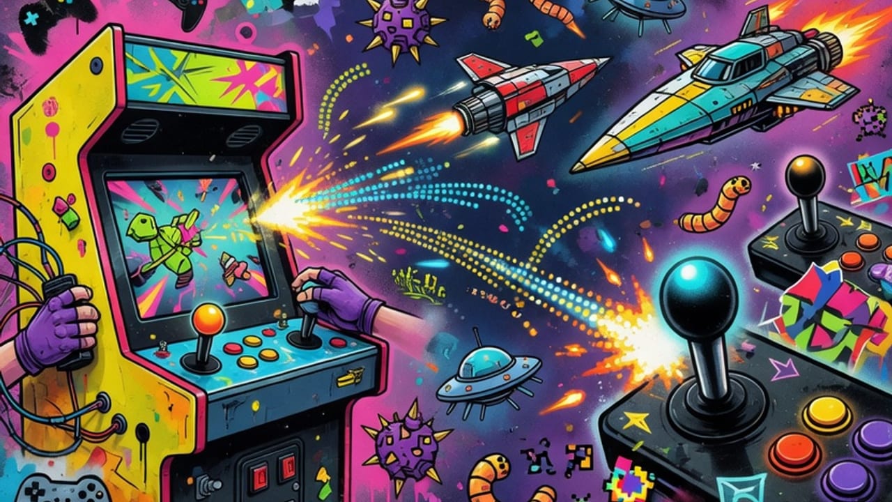 Leuchtende Arcade-Collage mit Raumschiff, Neonkugeln und abstraktem Weltraum ohne Logos
