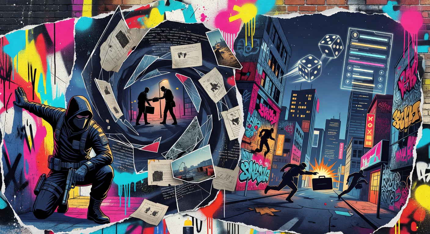 Abstrakte Spionage-RPG-Collage mit urbaner Neon-Stimmung